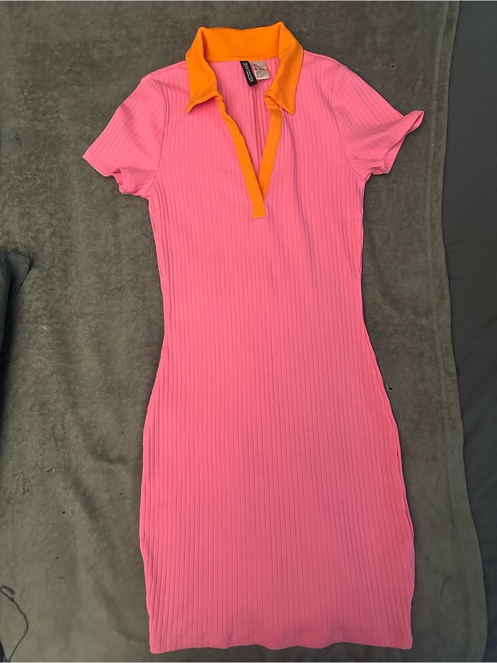 Pink Ribbed Polo Dress with Orange Collar
